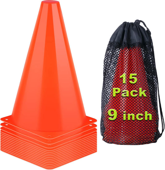 9 Inch Cones Sports, 15 Pack Orange Soccer Cones Training Agility Field Marker Plastic Traffic Cones for Football Basketball Drills Multipurpose Practice, Indoor Outdoor Games Activity Party Events